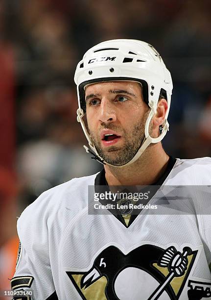 Maxime Talbot of the Pittsburgh Penguins looks on during a stoppage in play against the Philadelphia Flyers on March 24, 2011 at the Wells Fargo...