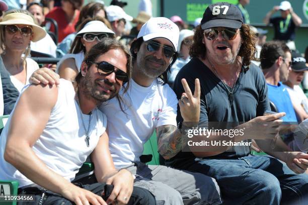 Sergio Vallin, Alex Gonzalez and Fher Olvera of rock band Mana attend Sony Ericsson Open at Crandon Park Tennis Center on March 26, 2011 in Key...