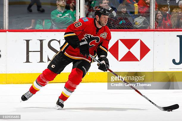 Robyn Regehr of the Calgary Flames skates against the Colorado Avalanche on March 17, 2011 at the Scotiabank Saddledome in Calgary, Alberta, Canada....