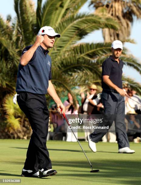 Paul Lawrie of Scotland celebrates after the final putt during the final round of the Open de Andalucia at the Parador de Malaga Golf Course on March...