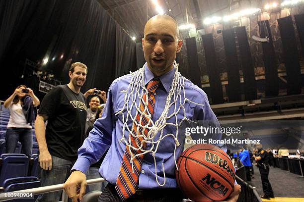 Head coach Shaka Smart of the Virginia Commonwealth Rams celebrates after defeating the Kansas Jayhawks during the southwest regional final of the...