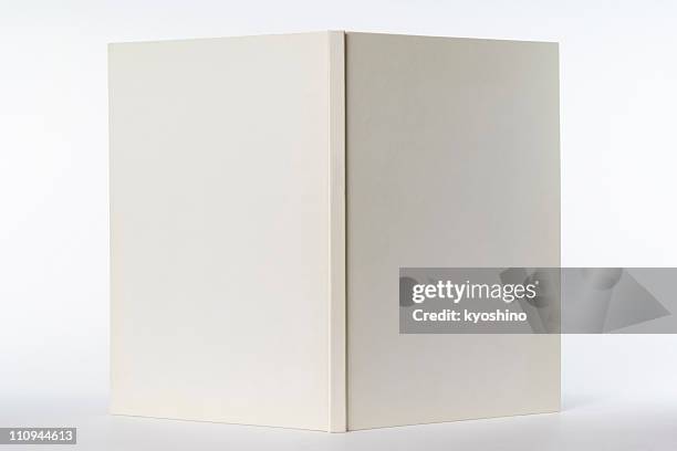 isolated shot of opened white blank book on white background - blank book cover stockfoto's en -beelden