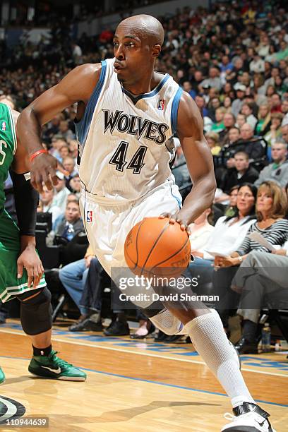 Anthony Tolliver of the Minnesota Timberwolves drives to the basket against the Boston Celtics on March 27, 2011 at Target Center in Minneapolis,...