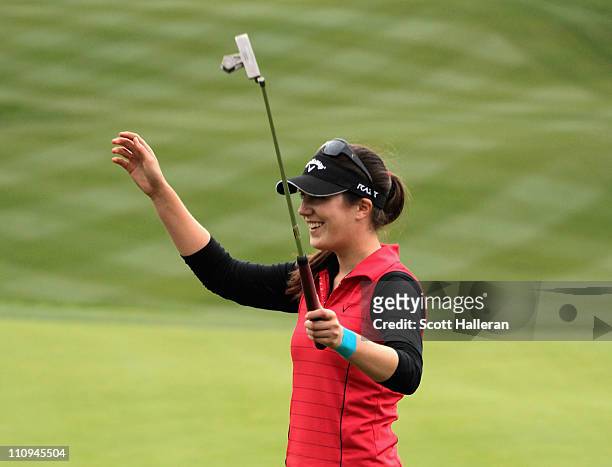 Sandra Gal of Germany celebrates on the 18th green after winning the Kia Classic on March 27, 2011 at the Industry Hills Golf Club in the City of...
