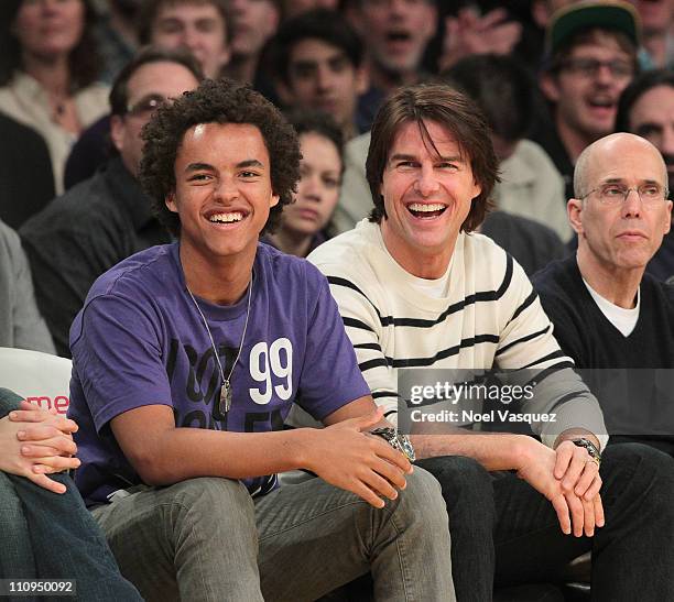 Connor Cruise, Tom Cruise and Jeffrey Katzenberg attend a game between the New Orleans Hornets and the Los Angeles Lakers at Staples Center on March...