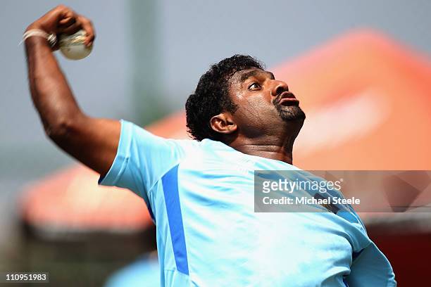 Muttiah Muralitharan during the Sri Lanka nets session at the R. Premadasa Stadium on March 28, 2011 in Colombo, Sri Lanka.