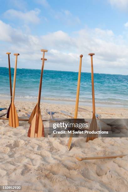 outrigger canoe paddles hawaii - lanikai beach stock pictures, royalty-free photos & images