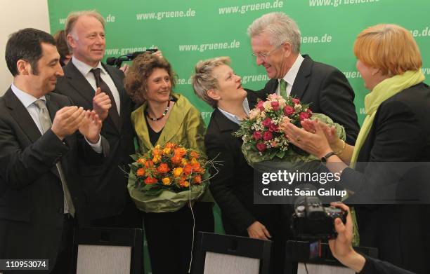 German Greens Party co-chairman Cem Oezdemir , co-chairwoman Claudia Roth , co-Bundestag Greens Party faction leaders Juergen Trittin and Renate...