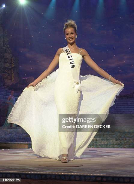 Joke van de Velde, Miss Belgium 2000, competes 07 May 2000 in her choice of evening gown for the coveted 2000 Miss UNIVERSE crown. Each Delegate is...