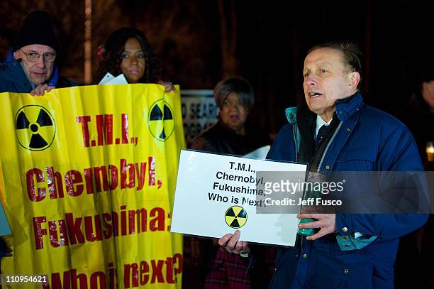 Gene Stilp of NO NUKES PA speaks at the 32nd annual vigil in remembrance of the disaster at the Three Mile Island Nuclear Plant March 28, 2011 in...