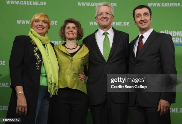 German Greens Party co-chairman Cem Oezdemir and co-chairwoman Claudia Roth pose with Greens Party candidate in the state of Rhineland-Palatinate...