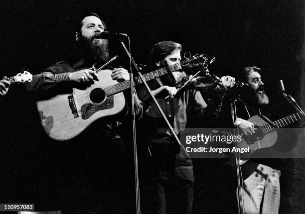 1st JANUARY: Irish folk group The Dubliners perform live on stage in Copenhagen, Denmark in 1972. Left to Right: Barney McKenna, John Sheahan, Ronnie...