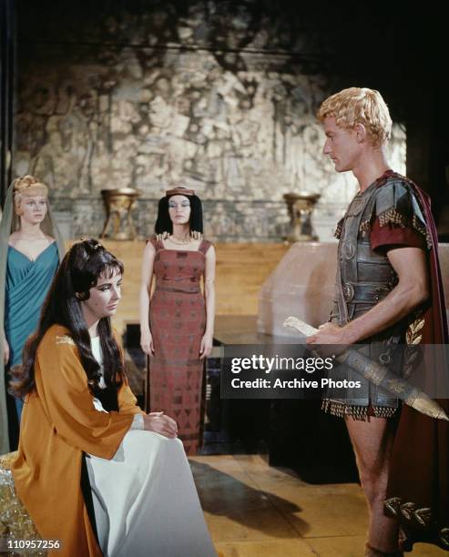 Actress Elizabeth Taylor stars as the titular Egyptian monarch in the 20th Century Fox film 'Cleopatra', 1963. Roddy McDowall plays Octavian, later...