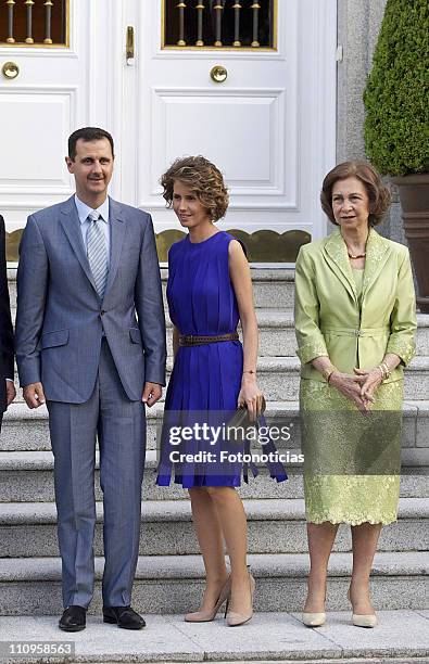 Syrian Arab Republic President Bashar al-Assad , his wife Asma al-Assad and Queen Sofia of Spain pose for photographers at Zarzuela Palace on July 4,...