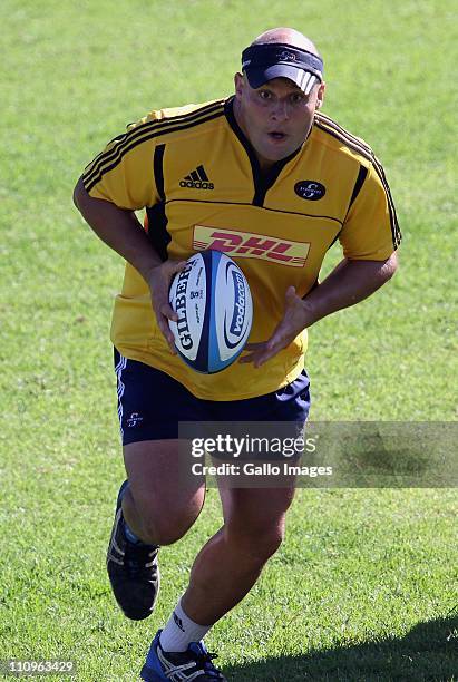 Van der Linde in action during the DHL Stormers training session at the High Performance Centre in Bellville on March 28, 2011 in Cape Town, South...