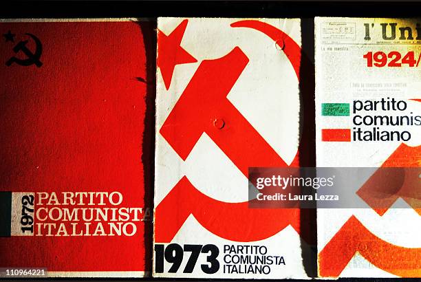 Some old Communist Party membership cards are shown at the exhibition 'Avanti popolo. Il PCI nella Storia d'Italia' at the Bottini dell'Olio on March...
