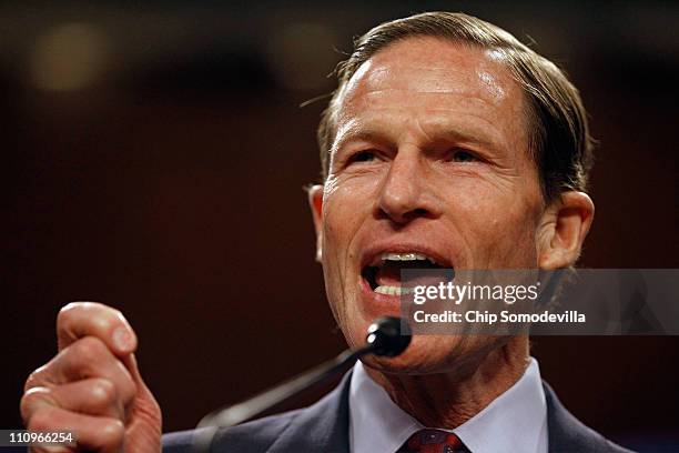 Sen. Richard Blumenthal addresses a rally in support of Social Security in the Dirksen Senate Office Building on Capitol Hill March 28, 2011 in...