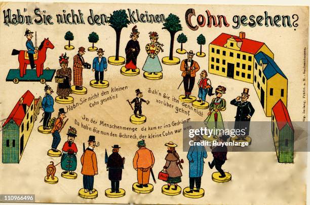 Anti-Semitic postcard produced in Germany features a short, rhyming verse entitled 'Haben Sie nicht den kleinen Cohn gesehen? , early 20th century.