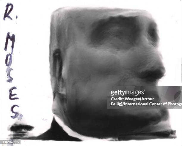 Distorted image of American public official and city planner Robert Moses at the World's Fair, New York, New York, 1964.