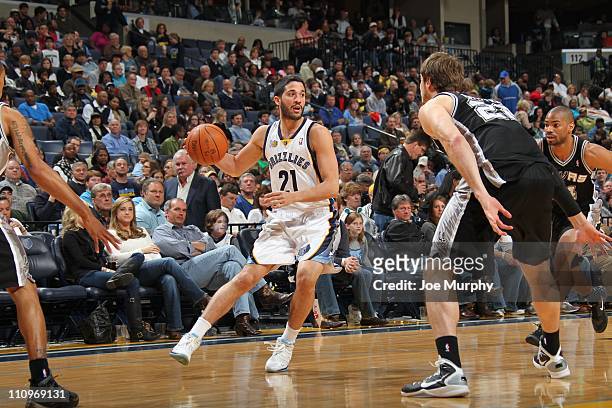 Memphis Grizzlies guard Greivis Vasquez protects the ball during the game against the San Antonio Spurs on March 27, 2011 at FedExForum in Memphis,...