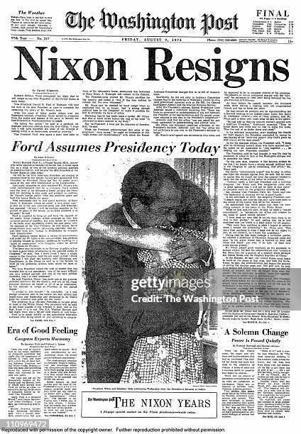 The front page of the Washington Post with the Headline 'NIXON RESIGNS' on August 8, 1974 in Washington DC.