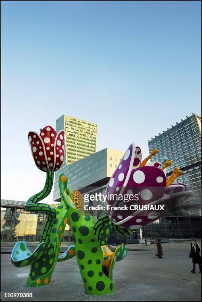Tulips of Shangri-La by Japanese artist Yayoi Kusama at Plaza Francois Mitterrand in Lille, France on December 08, 2003.