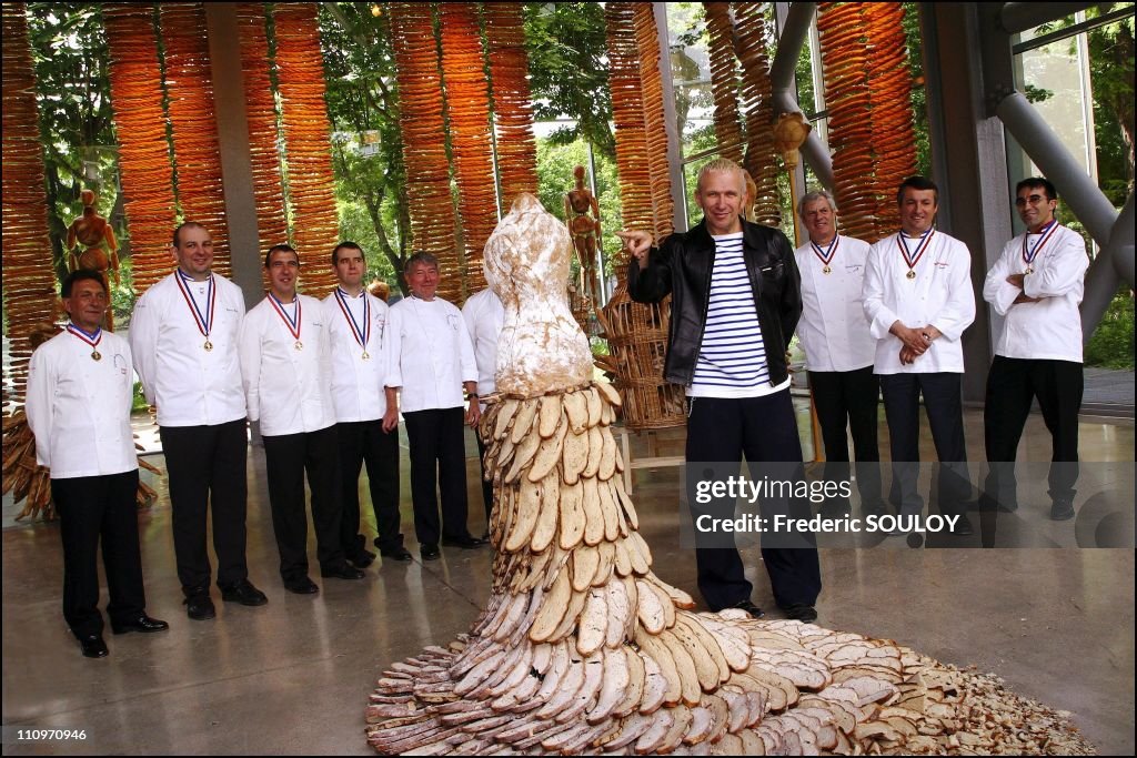 Famed Designer Jean Paul Gaultier Mixes Fashion And Bread With His Exhibit "Pain Couture By Jean Paul Gaultier" At The Cartier Foundation In Paris, France On July 06, 2004.