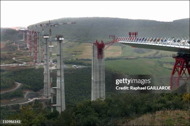 The Construction Site Of Millau Viaduct, From Its Northern Side, With A Beginning Of The Roadway Moving Forward Toward Pier P1 And Resting Atop A...