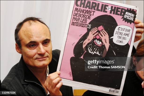 Press conference of the french weekly satiric newspaper "Charlie Hebdo ", before its process, for having published danish caricatures of Mahomet...