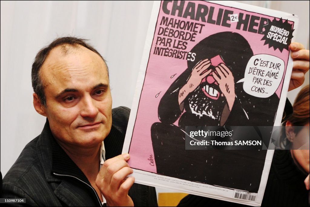 Press conference of the french weekly satiric newspaper 'Charlie Hebdo', before its process, for having published danish caricatures of Mahomet Prophet in Paris, France on February 06th, 2007.