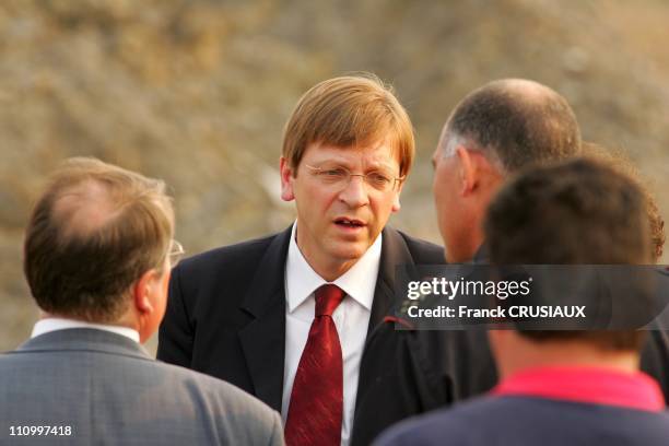 Prime minister Guy Verhofsdadt and Belgium defense minister Andre Flahaut in Ghislenghien, Belgium on July 30, 2004.