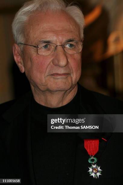 Renaud Donnedieu de Vabres decorated Frank Gehry of the Legion of Honor, Frank Gehry receives the insignia of Chevalier in the national order of the...