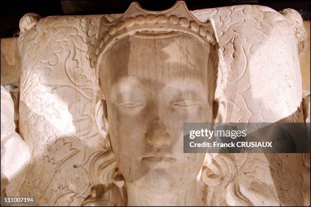 Detail of the recumbent alabaster statue of Agnes Sorel on her tomb in the Logis Royal of Loches - King Charles VII commissioned this sculpture of...