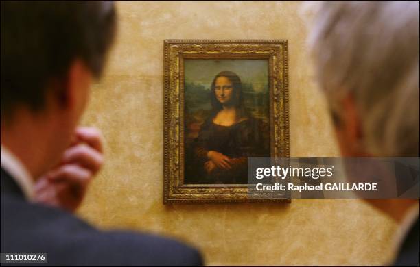 Leonardo da Vinci's masterpiece, Mona Lisa in her new setting in the refurbished Salle des Etats where the public was able to rediscover her in...