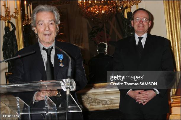 Pierre Arditi receives insignia the National Order of Merit - Pierre Arditi and Culture Minister Renaud Donnedieu de Vabres in Paris, France on March...