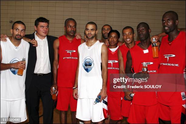 Press conference Power District 2005 with Tony Parker in Paris, France on June 27th, 2005 - From left to right: TJ Parker, David Douillet, TP Parker...