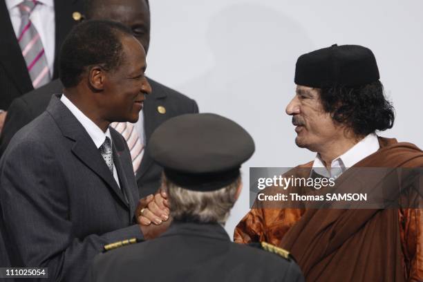 Libyan president Mouammar Kadhafi with Brkina Faso president Blaise Campaore in Lisbon, Portugal on December 08th, 2007.