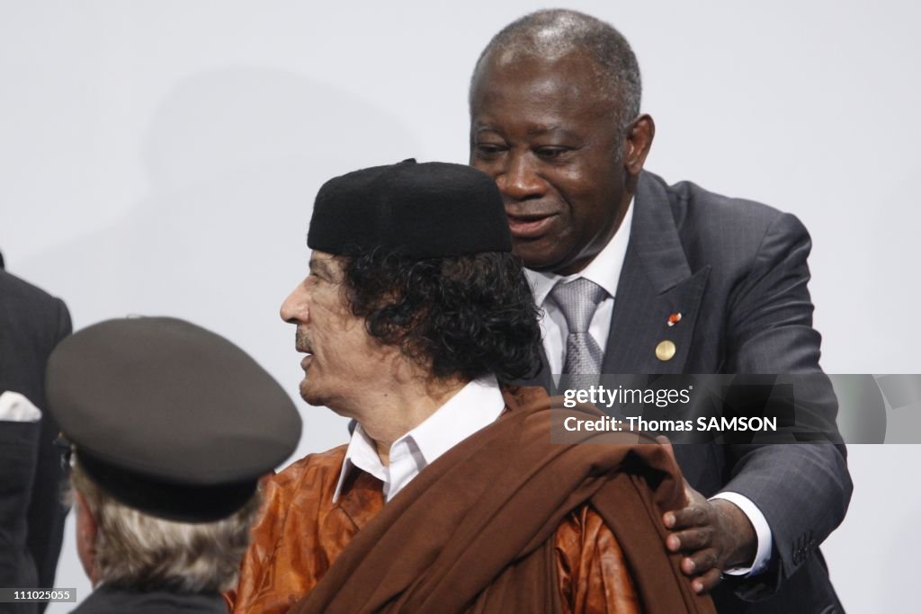 Libyan president Mouammar Kadhafi at the EU-Africa summit in Lisbon, Portugal on December 08th, 2007.