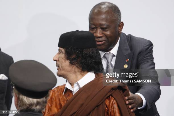 Libyan president Mouammar Kadhafi with Ivory Coast president Laurent Gbagbo in Lisbon, Portugal on December 08th, 2007.