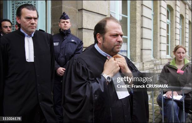 Attorneys Franck Berton and Eric Dupond-Moretti at the last day of the Danger-Vandervelde child abuse and rape trial in Saint-Omer, France on April...