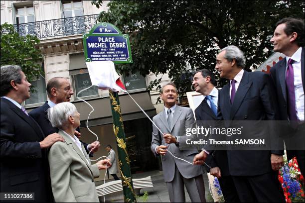 At Inauguration of the place Michel Debre , by Jacques Chirac.From left to right : Jean-Louis Debre, President of the National Assembly, his mother...