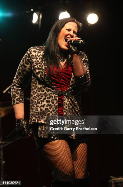 Kelly Cougar of Cougar performs at the release party for Britney Spears' new album "Femme Fatale" at The Portage Theater on March 28, 2011 in...