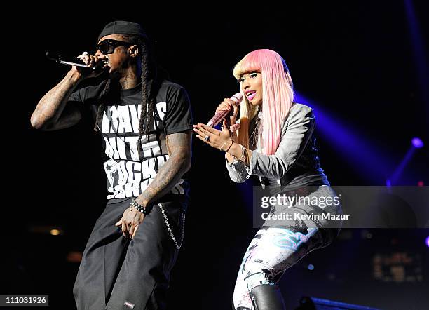 Lil Wayne performs with Nicki Minaj during his "I Am Still Music" tour at Nassau Veterans Memorial Coliseum on March 28, 2011 in Uniondale, New York.