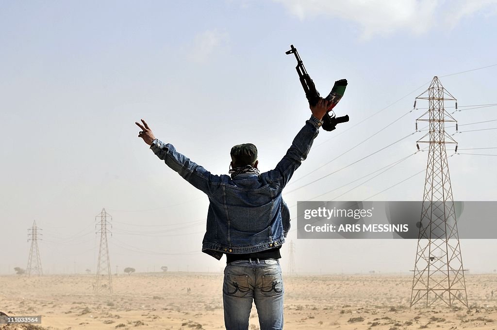 A Libyan rebel gestures on March 24, 201