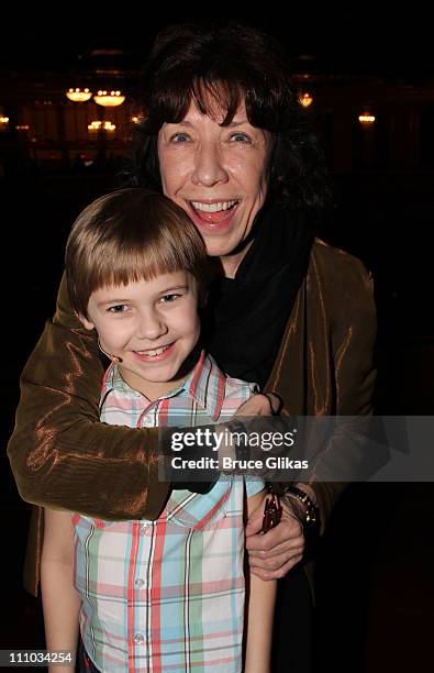 Luke Mannikus and Lily Tomlin pose backstage at the hit musical "Priscilla Queen of The Desert" on Broadway at The Palace Theater on March 28, 2011...