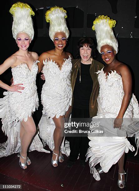 Ashley Spencer, Jacqueline B. Arnold, Lily Tomlin and Anastacia McClesley pose backstage at the hit musical "Priscilla Queen of The Desert" on...