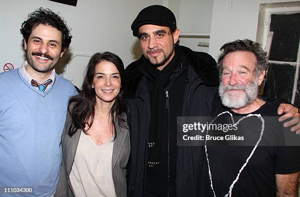 Arian Moayed, Annabella Sciorra, Bobby Cannavale and Robin Williams pose backstage at the hit play "Bengal Tiger at the Baghdad Zoo" on Broadway at...