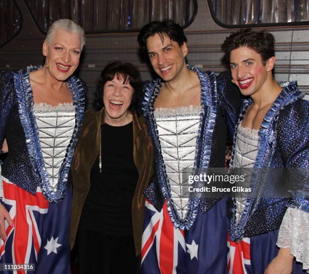 Tony Sheldon, Lily Tomlin, Will Swenson and Nick Adams pose backstage at the hit musical "Priscilla Queen of The Desert" on Broadway at The Palace...