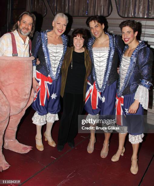 David Johnson, Tony Sheldon, Lily Tomlin, Will Swenson and Nick Adams pose backstage at the hit musical "Priscilla Queen of The Desert" on Broadway...