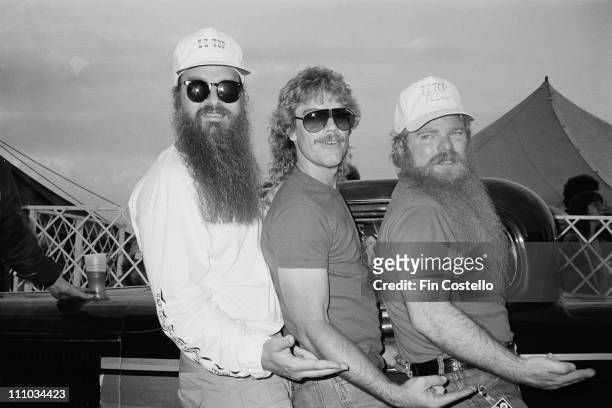 20th AUGUST: ZZ Top posed backstage at the Donnington Festival, Castle Donnington on 20th August 1983. Left to Right: Billy Gibbons, Frank Beard,...